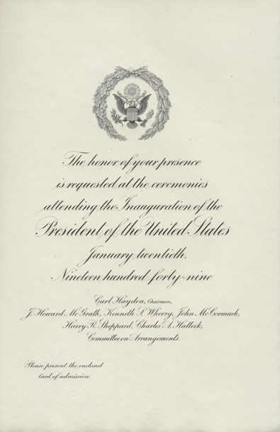 Image of the invitation for the 1949 Presidential Inauguration.