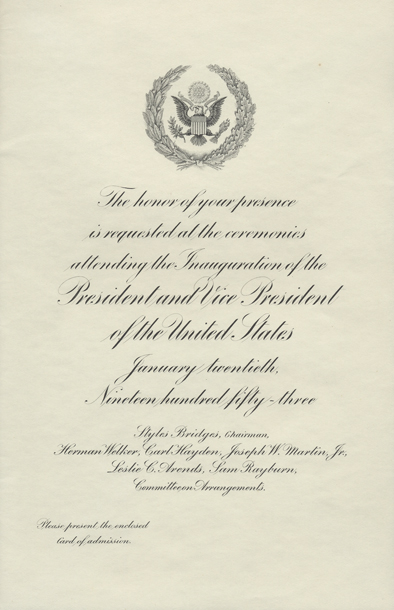 Image of the invitation for the 1953 Presidential Inauguration.