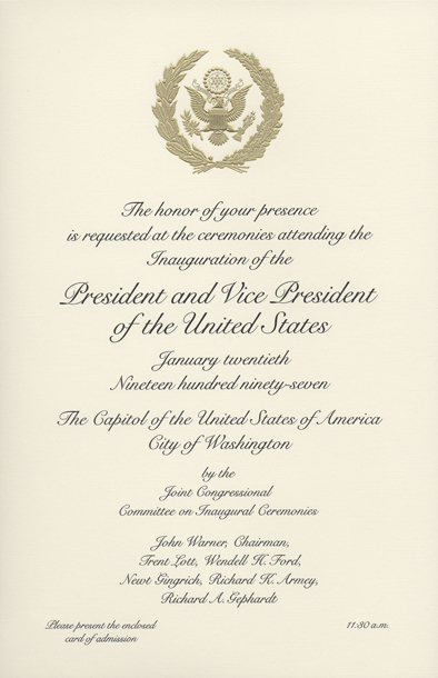 Image of the invitation for the 1997 Presidential Inauguration.