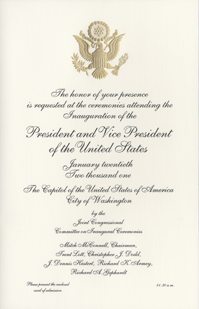 Image of the invitation for the 2001 Presidential Inauguration.
