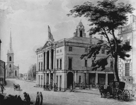 Drawing of Federal Hall, with horse and carriage in front.