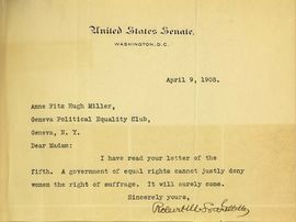 Letter from Senator Robert La Follette (R-WI) to Suffragist Anne Fitzhugh Miller, 1908