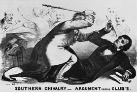 A cartoon of Representative Brooks raising his cane above a prostrate Senator Charles Sumner.