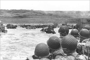 Soldiers in landing craft near Normandy Beach, June 6, 1944.