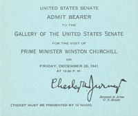Admission Ticket to Prime Minister Winston Churchill's Speech in Senate Chamber, December 26, 1941
