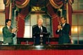 Image: Senator Byrd is welcomed to the Old Senate Chamber by Senators Tom Daschle (left) and Trent Lott (right).

