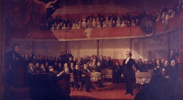 Painting of Senator Daniel Webster addressing the Senate in a crowded Senate Chamber.
