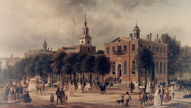 Painting of Congress Hall, Independence Hall, and a bustling city street.