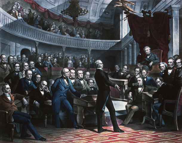 Color engraving of Senator Henry Clay addressing the Senate in the Senate Chamber.