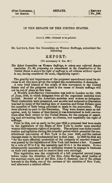 Report of the Select Committee on Woman Suffrage, June 5, 1882