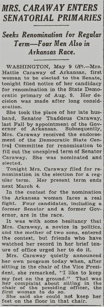 "Mrs. Caraway Enters Senatorial Primaries,"New York Times, May 10, 1932