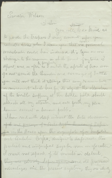 Page 1 of Clara Barton's Second Letter to Henry Wilson on Jan 18, 1863