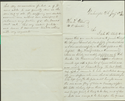 Page one of Clara Barton's Letter to Senator Henry Wilson, Jan 18, 1863