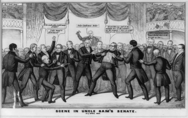 Cartoon drawing of fight between Senators Thomas Hart Benton of Missouri and Henry Foote of Mississippi on the Senate floor.