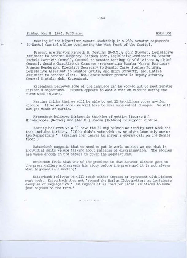 Horn Log, May 8, 1964