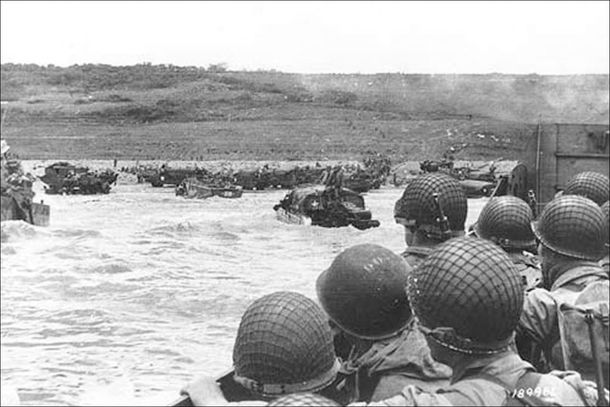 Soldiers in landing craft near Normandy Beach, June 6, 1944.