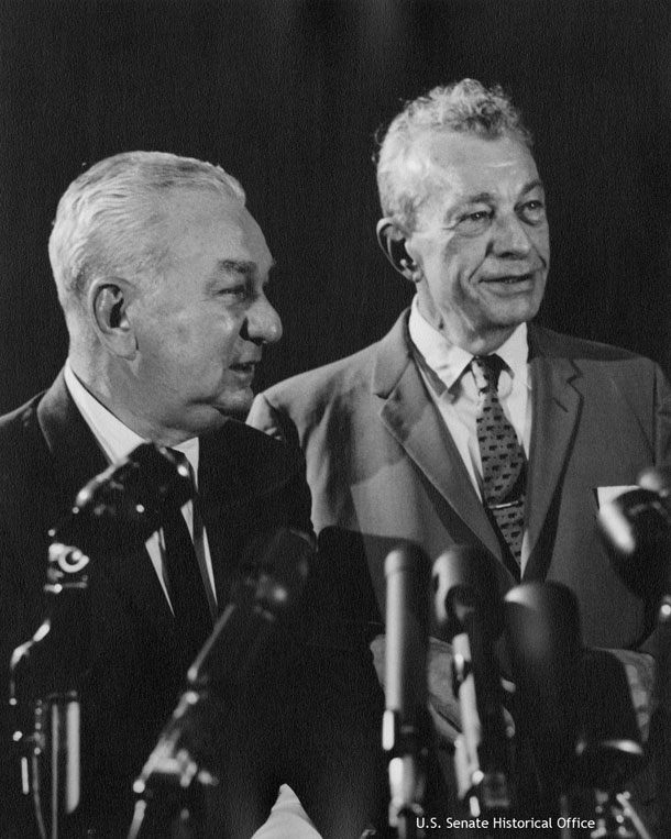 In 1961 Senate Republican Leader Everett Dirksen (right) and House Republican Leader Charles Halleck (left) began holding weekly press conferences, which came to be known as the “Ev and Charlie Show.”