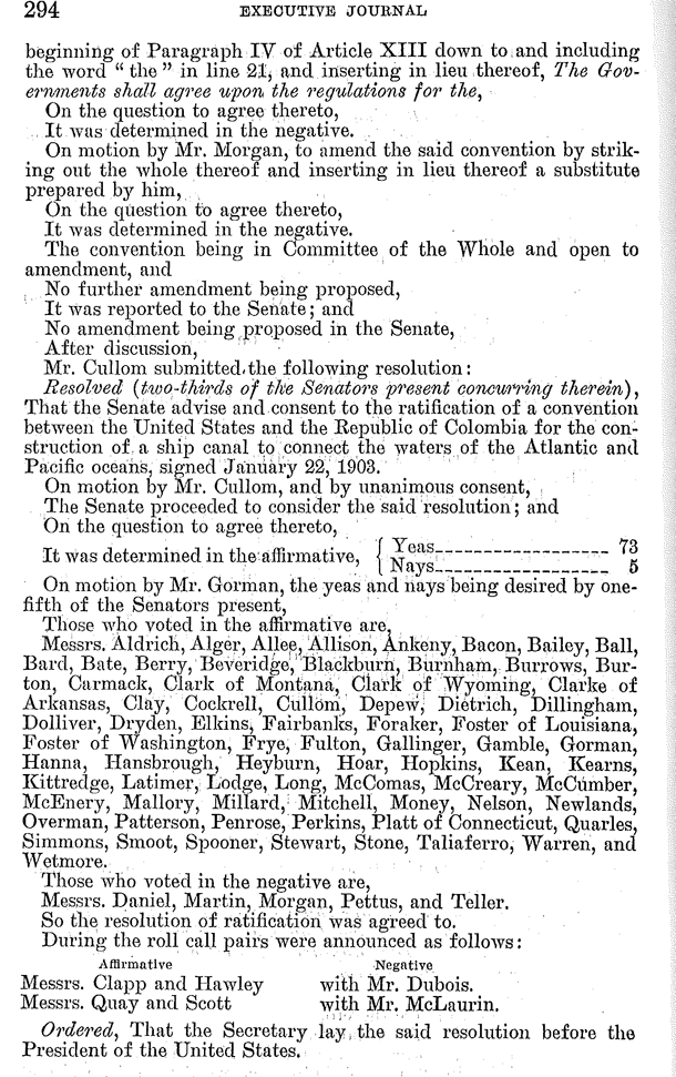 Executive Journal page noting the vote agreeing to a treaty between the United States and the Republic of Colombia