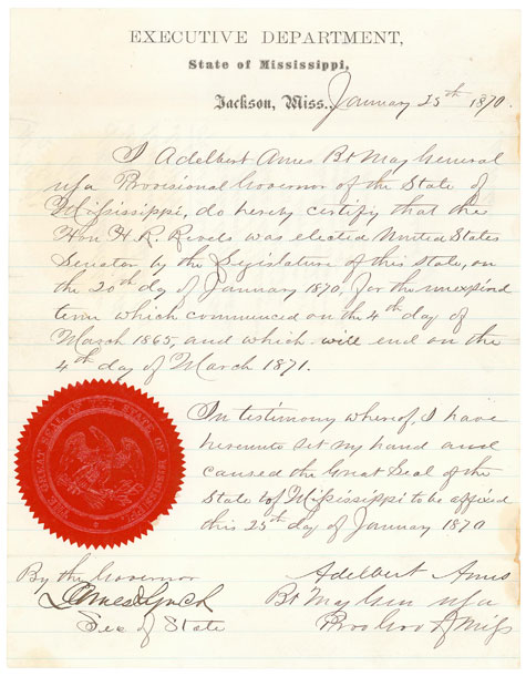 Image of Hiram Revels Certificate of Election