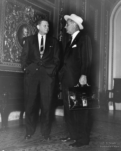 Photograph of Lyndon Johnson and Thruston Morton in the Senate Reception room.