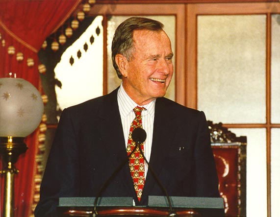 Former President George Bush speaks in the Old Senate Chamber.