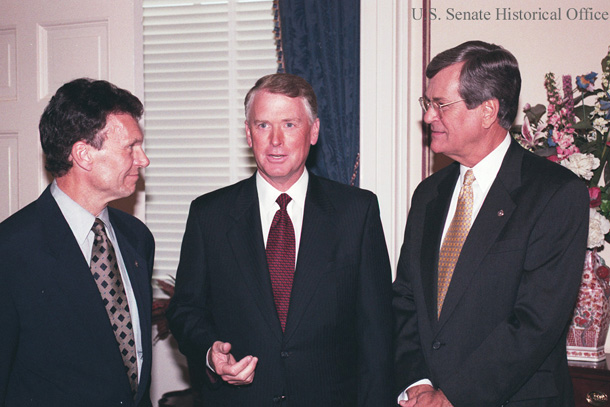 Vice President Quayle chats with Senators Tom Daschle (left) and Trent Lott (right) in the Office of the Majority Leader.