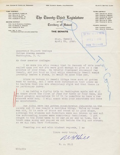 Letter W. H. Hill Hawaii Statehood
