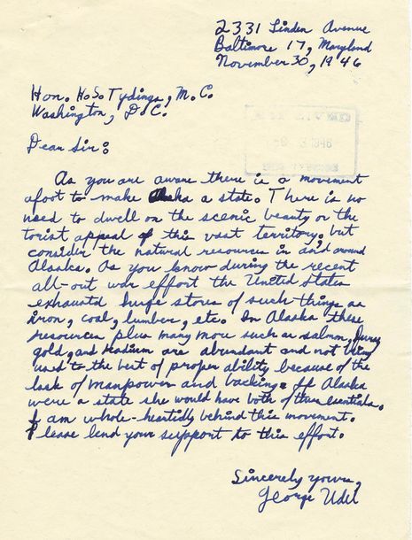 Letter to Senator Tydings for Alaska Statehood