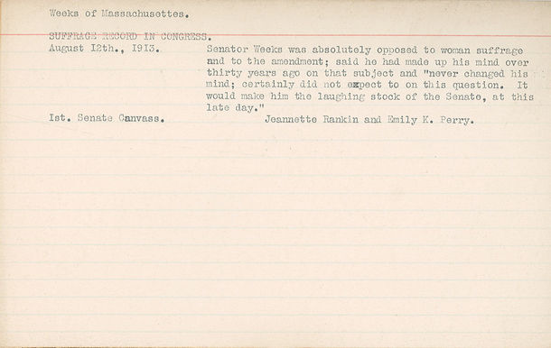 National Woman’s Party Index Card for Senator John W. Weeks (R-MA), 1913