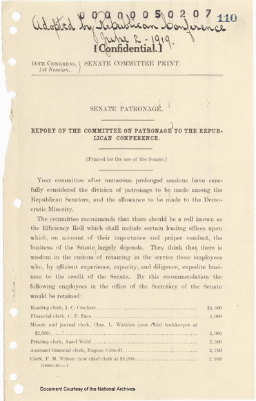 Report of the Committee on Patronage (including the Old Soldiers' Role)