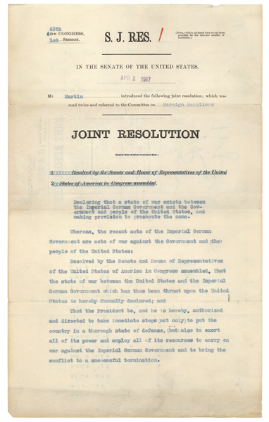 S.J.Res. 1: Declaration of War With Germany, WWI