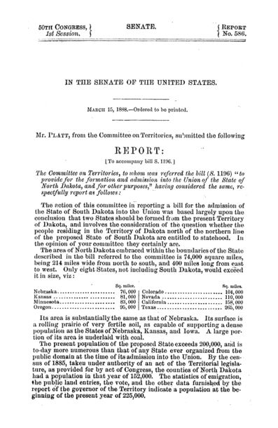 Senate Report Dakotas 1888