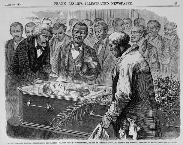 The Late Senator Sumner. Ceremonies in the Capitol. Colored People of Washington, Headed by Frederick Douglass, Viewing the Remains. Sketched by Joseph Becker, 1874