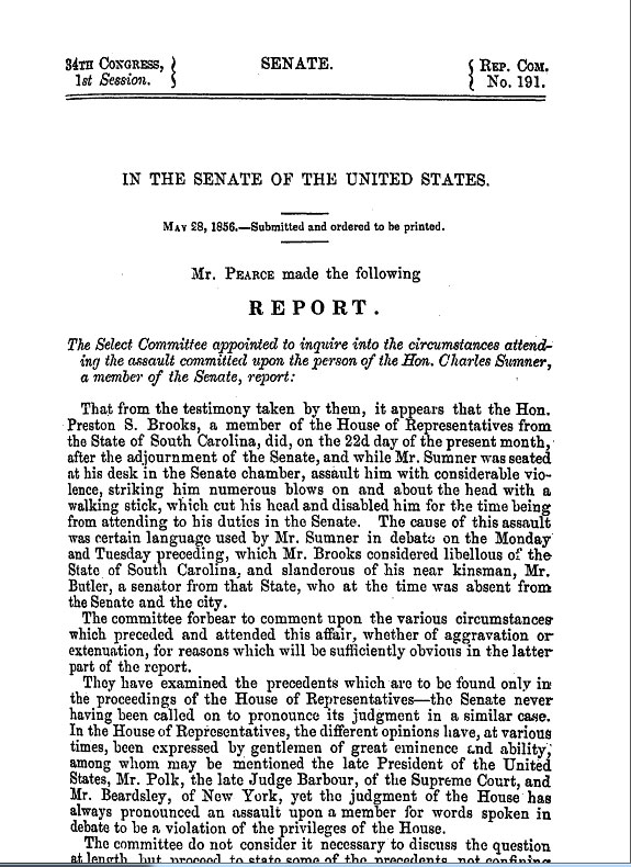Image: First page of Charles Sumner's Investigation, 1856