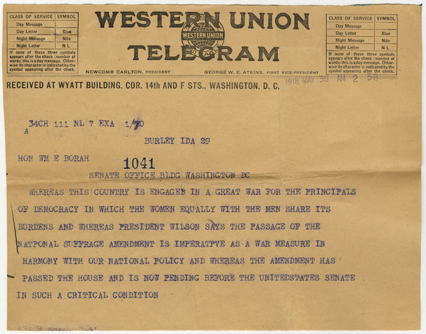 Image: Telegram in Favor of Woman Suffrage as a War Measure, May 30, 1918