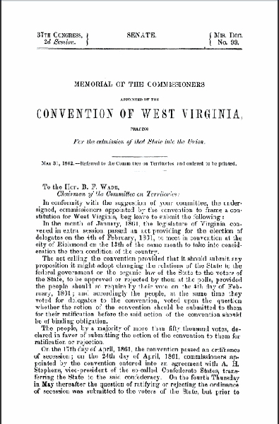 Convention of West Virginia, praying For the admission of the State into the Union