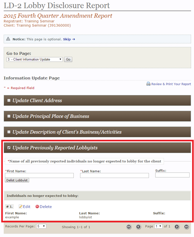update previously reported lobbyists screenshot