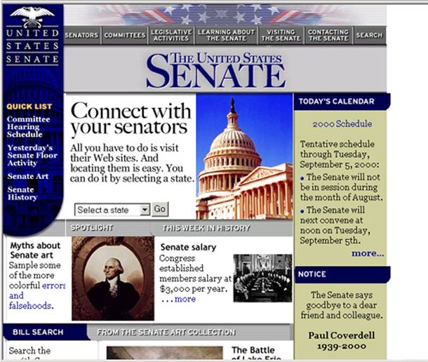 The homepage of the Senate website as it appeared in 1999