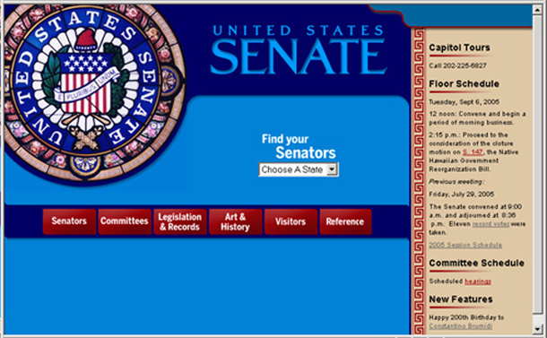 The homepage of the Senate website as it appeared in 2002