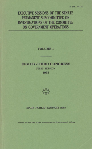 Title Page of the Executive Sessions of the Senate Permanent Subcommittee on Investigations of the Committee on Government Operations.