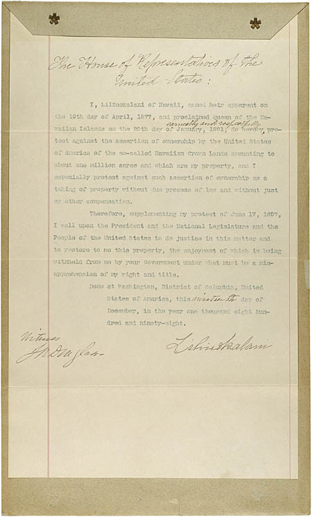 Letter from Liliuokalani, Queen of Hawaii to U.S. House of Representatives