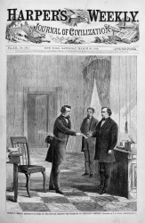 Illustration of Secretary of Senate George T. Brown serving the impeachment summons for President Andrew Johnson
