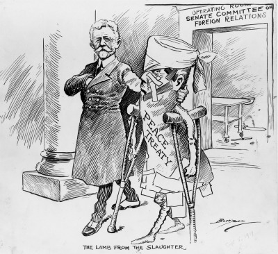 Cartoon depicting Henry Cabot Lodge escorting the Treaty of Versailles out of the committee room