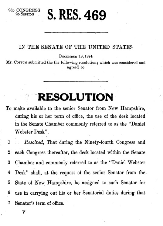 Resolution naming Daniel Webster Desk