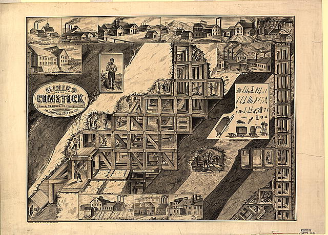 Engraved print of Comstock Lode mine