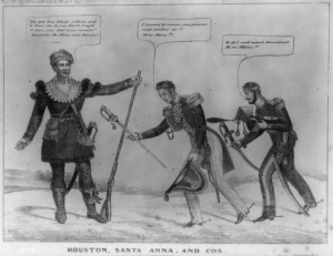 Illustration depicting the surrender of Mexican commander Santa Anna and his brother-in-law General Martin Perfecto de Cos, to American leader Samuel Houston after the Battle of San Jacinto