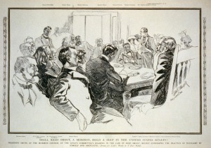 Drawing of Reed Smoot's Senate hearing