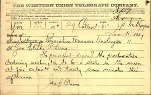 Telegram announcing Washinton's admission as a state in the Union