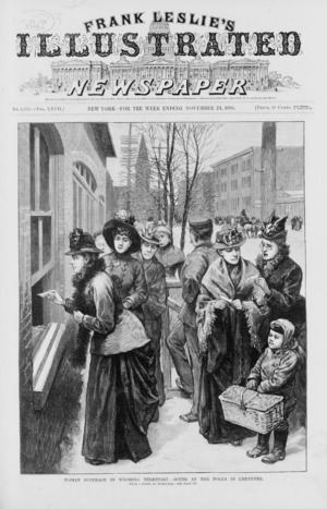 <i>Frank's Illustrated</i> engraving of women gathering at the polls in Cheyenne